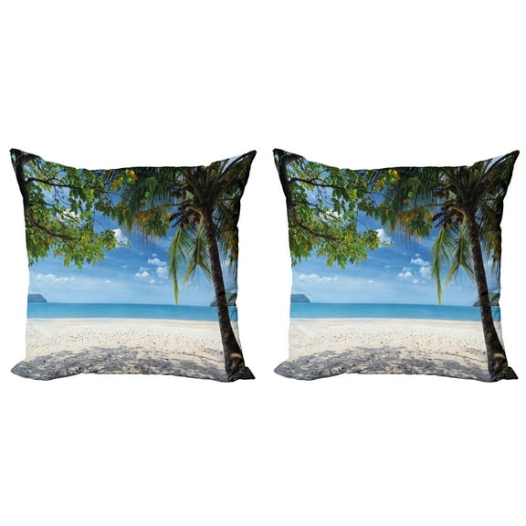 Ambesonne Summer Throw Pillow Cover 2 Pack, Tropical Beach Ocean, 18", Fern Green Sky Blue