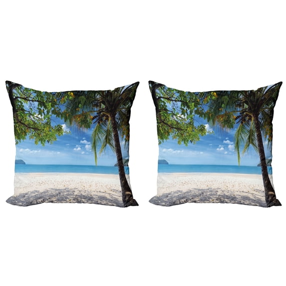 Ambesonne Summer Throw Pillow Cover 2 Pack, Tropical Beach Ocean, 24", Fern Green Sky Blue