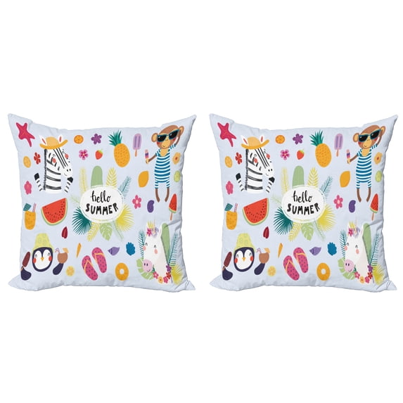 Ambesonne Summer Throw Pillow Cover 2 Pack, Vacation Monkey Zebra Sunny, 16", Pale Blue Multicolor