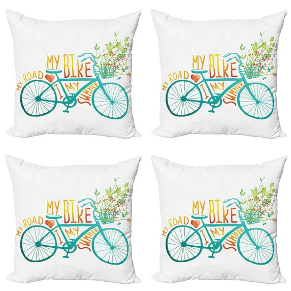 Ambesonne Summer Throw Pillow Cover 4 Pack, Blue Bike with Flowers, 24", Turquoise Yellow