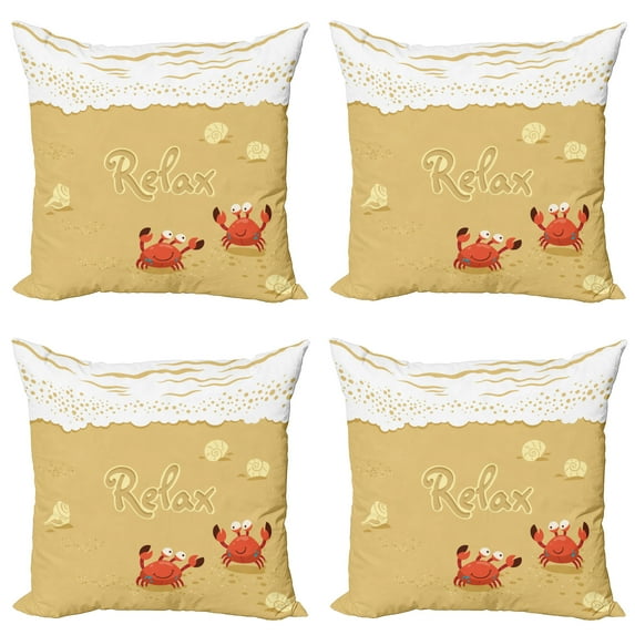 Ambesonne Summer Throw Pillow Cover 4 Pack, Card with Crabs Sea, 18", Sand Brown and White