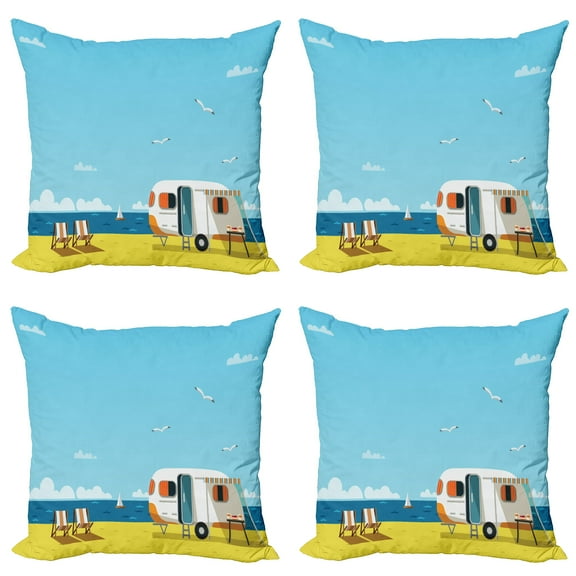 Ambesonne Summer Throw Pillow Cover 4 Pack, Coastline Clouds Scenery, 18", Aqua Navy Yellow