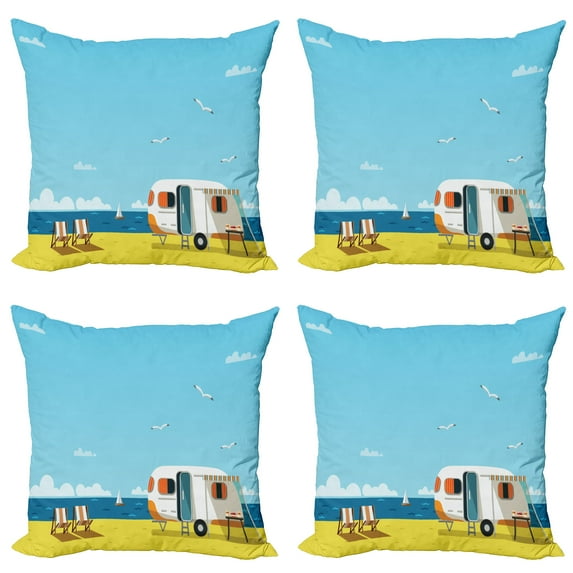 Ambesonne Summer Throw Pillow Cover 4 Pack, Coastline Clouds Scenery, 24", Aqua Navy Yellow