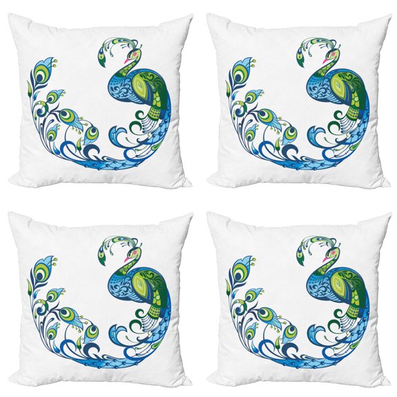 Ambesonne Summer Throw Pillow Cover 4 Pack, Colorful Peacock Tropic, 20", Blue Green Pink