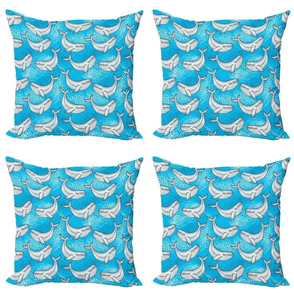 Ambesonne Summer Throw Pillow Cover 4 Pack, Dotted Whale Sea Ocean, 24", Blue Grey
