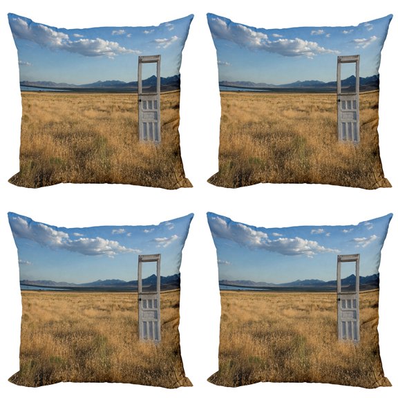 Ambesonne Summer Throw Pillow Cover 4 Pack, Field with Mountains, 16", Earth Yellow Coconut