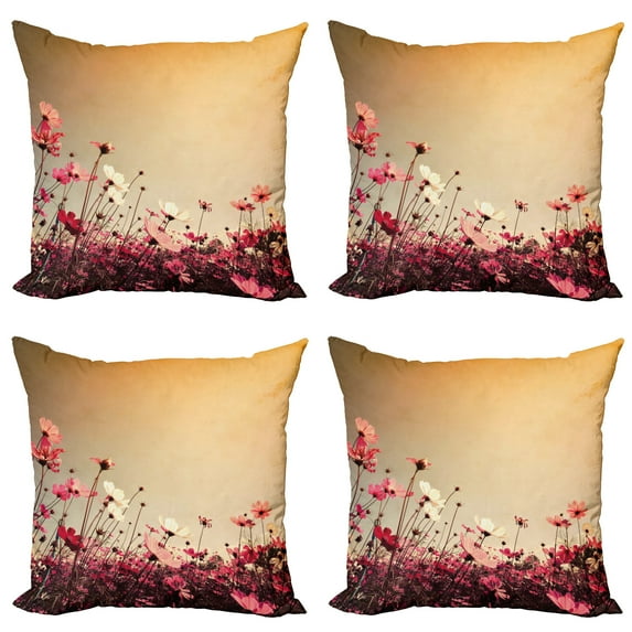 Ambesonne Summer Throw Pillow Cover 4 Pack, Garden Flowers Poppies, 20", Pale Pink Khaki and Pink