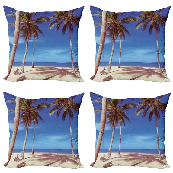 Ambesonne Summer Throw Pillow Cover 4 Pack, Ocean Palms Warm Beach, 24", Navy Cream Green