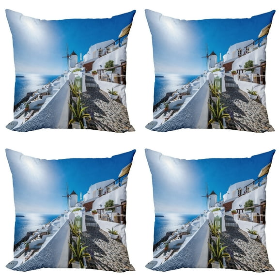 Ambesonne Summer Throw Pillow Cover 4 Pack, Oia Village in Santorini, 18", Blue and White