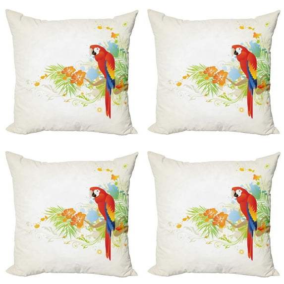 Ambesonne Summer Throw Pillow Cover 4 Pack, Parrot Tree Branch Flora, 24", Cream Red Green