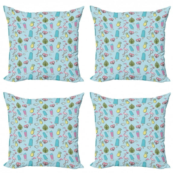 Ambesonne Summer Throw Pillow Cover 4 Pack, Popsicle Flamingo Pineapple, 24", Pale Blue Multicolor