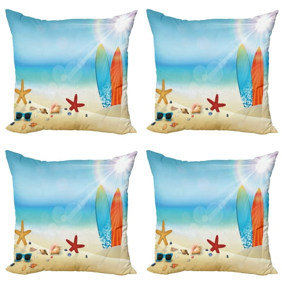 Ambesonne Summer Throw Pillow Cover 4 Pack, Sand Beach Surfboard, 20", Multicolor