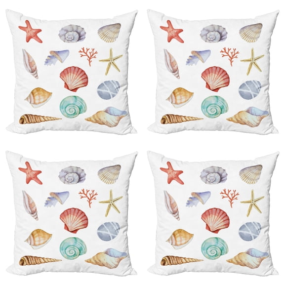Ambesonne Summer Throw Pillow Cover 4 Pack, Seashells Exotic Animals, 24", Multi