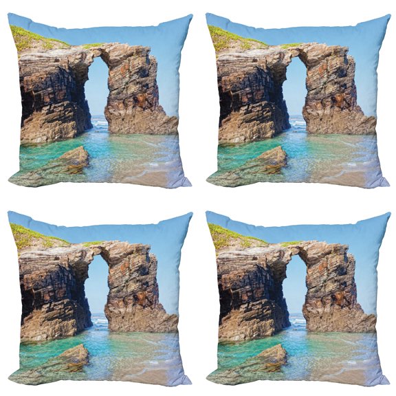 Ambesonne Summer Throw Pillow Cover 4 Pack, Spanish Seacoast Scenery, 18", Blue Cream
