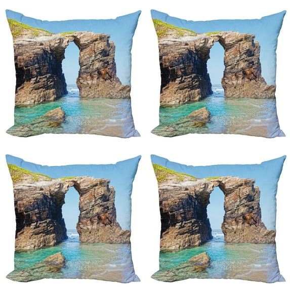 Ambesonne Summer Throw Pillow Cover 4 Pack, Spanish Seacoast Scenery, 24", Blue Cream