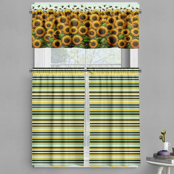 Ambesonne Summer Tones Valance & Curtain 3 Pcs Set, Cottagecore Sunflowers, 55"x24", Mustard Reseda Green