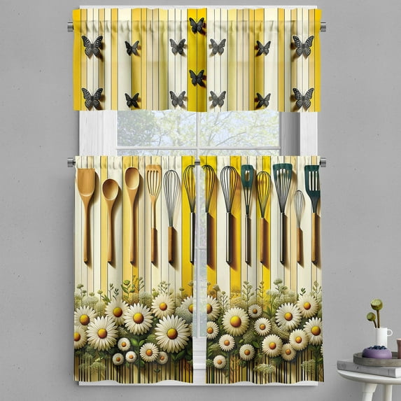 Ambesonne Summer Valance & Curtain 3 Pcs Set, Dot Butterflies and Daisies, 55"x24", Yellow Reseda Green and Beige