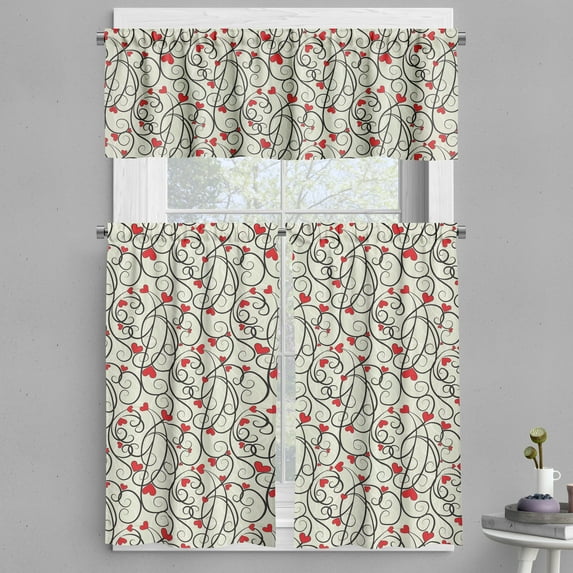 Ambesonne Summer Valance & Curtain, Wave Floral Heart Swirls, 55"x45", Eggshell Vermilion Black