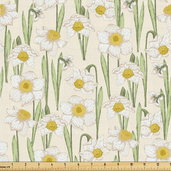 Ambesonne Summer Vibe Fabric by the Yard Upholstery, Garden Daffodils Print, 10 Yards, Eggshell Pistachio Green