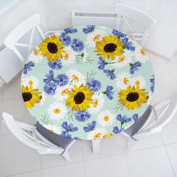 Ambesonne Summer Vibes Fitted Round Tablecloth, Simple Chamomile Print, 36"- 40" Diameter, Mustard Mint Green White