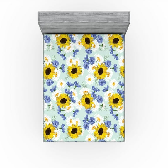 Ambesonne Summer Vibes Fitted Sheet, Simple Chamomile Print, Full Size, Mustard Mint Green White