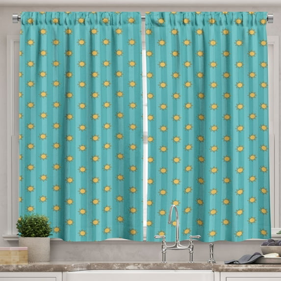 Ambesonne Summer Vibes Kitchen Curtains, Cartoon Sun Pattern, 55"x24", Mustard Cadet Blue
