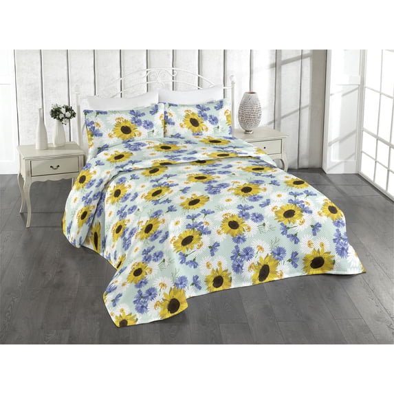 Ambesonne Summer Vibes Quilted Bedspread Set 3 Pcs, Simple Chamomile Print, King, Mustard Mint Green White