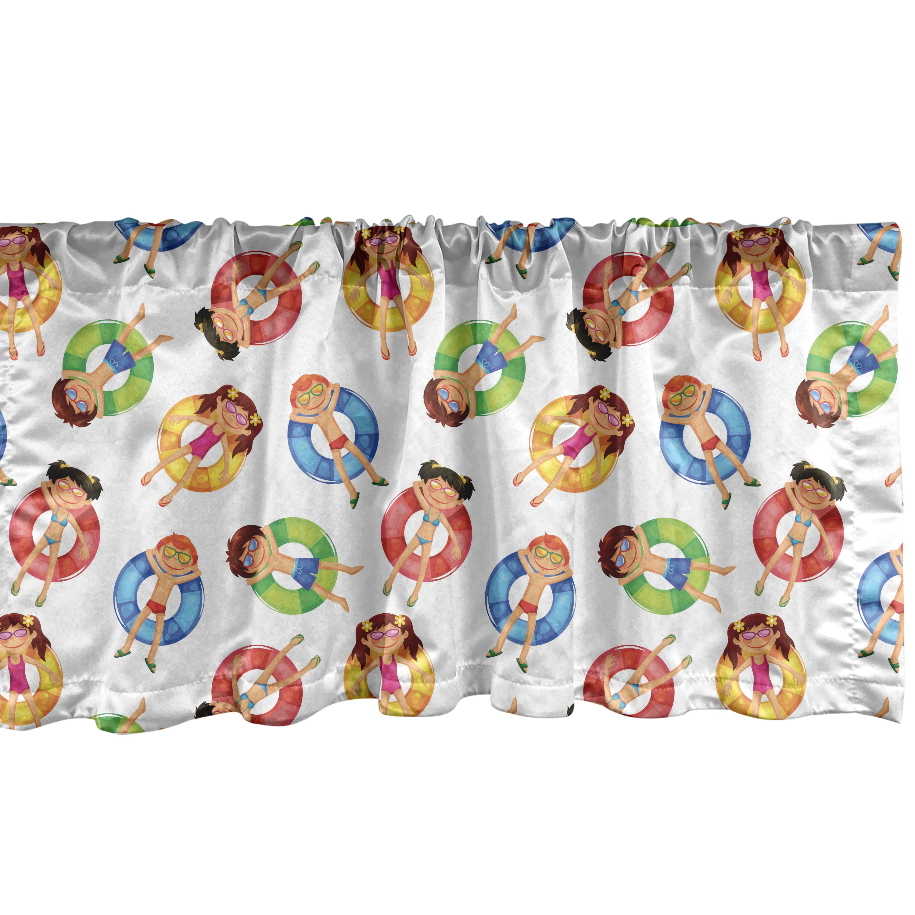 Ambesonne Summer Window Valance, Children in the Pool on Life Buoys ...