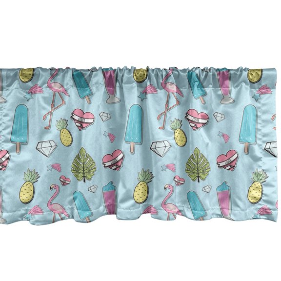 Ambesonne Summer Window Valance, Popsicle Flamingo Pineapple, 42" x 18", Pale Blue Multicolor