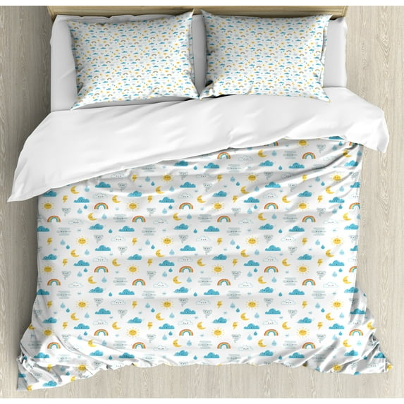 Ambesonne Sun Duvet Cover Sets, Funny Sun Moon Cloud, 2-King, White Multicolor