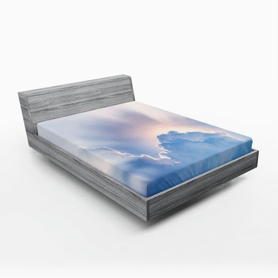 Ambesonne Sun Fitted Sheet, Sunbeam and Fluffy Clouds, Full Size, Pale Blue White