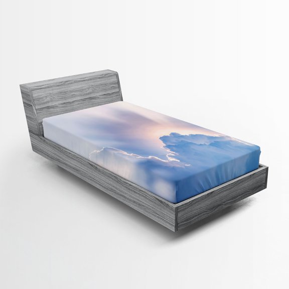 Ambesonne Sun Fitted Sheet, Sunbeam and Fluffy Clouds, Twin XL Size, Pale Blue White