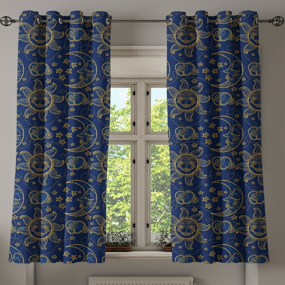 Ambesonne Sun Grommet Curtain, Vintage Doodle Style Star, 50" x 63", Navy Blue Marigold