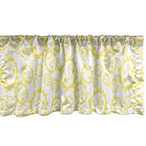 Ambesonne Sun Window Valance, Cheerful Sun Characters with Smiling Faces Repeating Kids Cartoon Themed Pattern, Curtain Valance for Kitchen Bedroom Decor with Rod Pocket, 54" X 18", Yellow and White