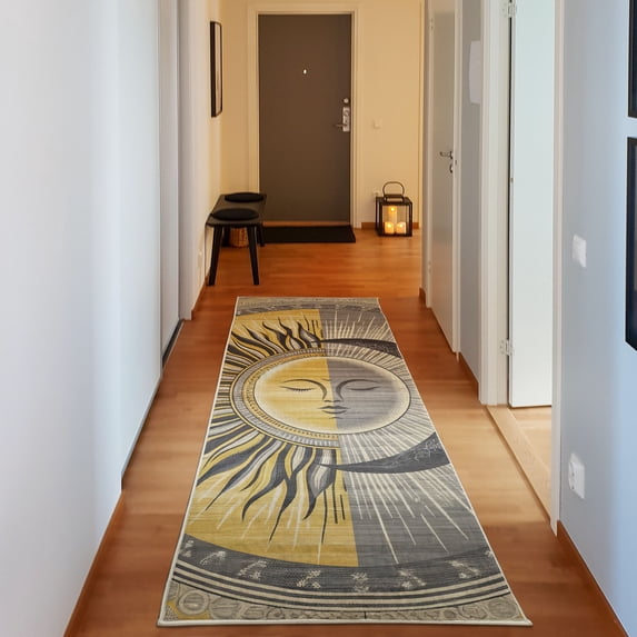 Ambesonne Sun and Moon Decorative Rug Carpet, Celestial Lunar Solar, 2' 5" x 7' 5", Mustard Purpleblue