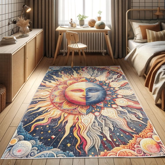 Ambesonne Sun and Moon Decorative Rug Carpet, Modern Esoteric Lunar, 5' 1" X 7' 5", Pale Orange Indigo Beige