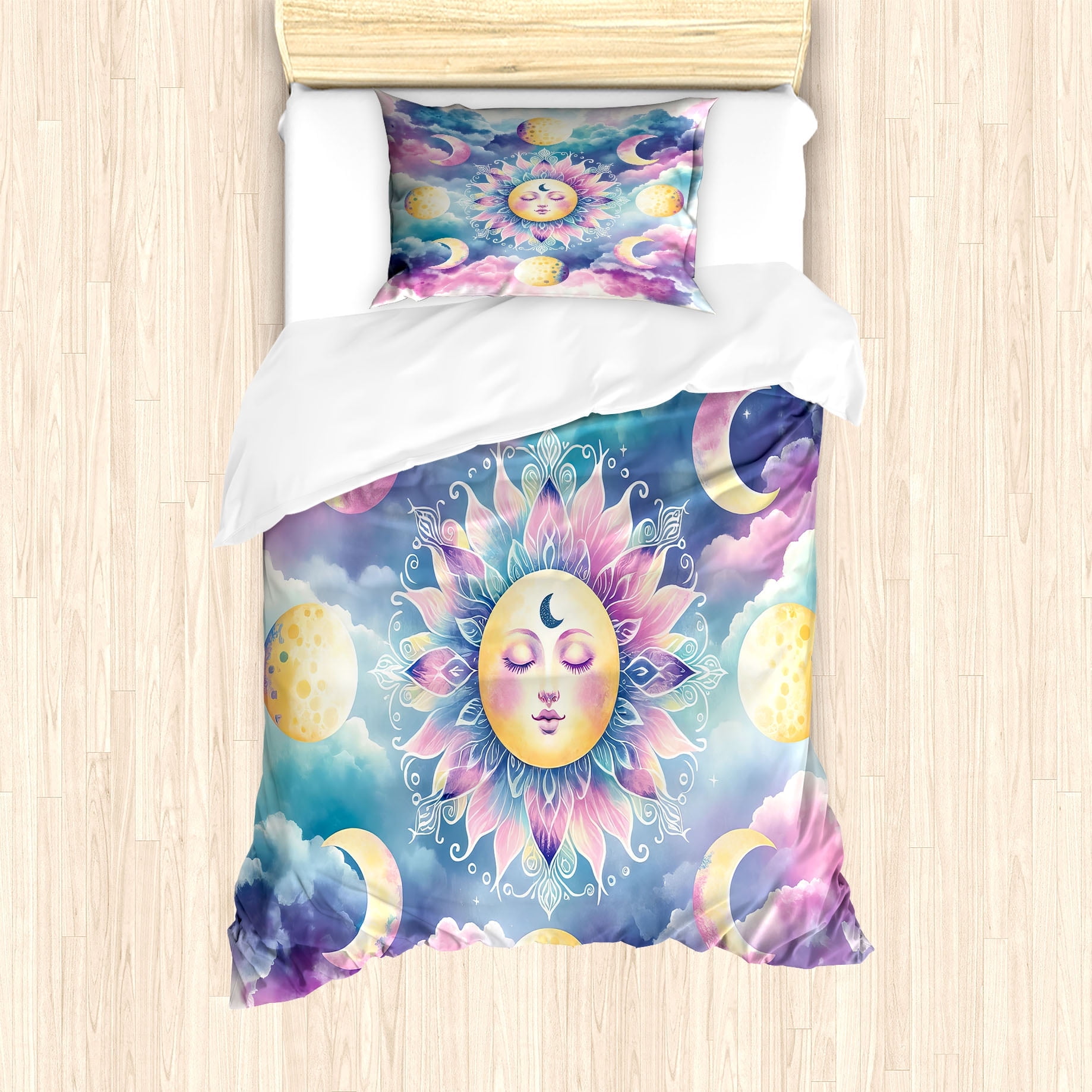 Boho Sun and Moon Twin Duvet Cover Set in Purple and Blue