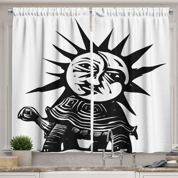 Ambesonne Sun and Moon Kitchen Curtains, Face Back of a Turtle, 55"x30", Charcoal Grey and White