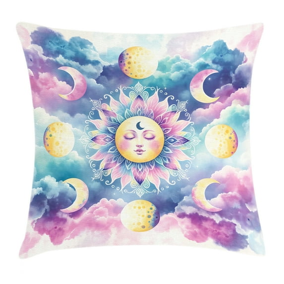 Ambesonne Sun and Moon Throw Pillow Cushion Cover, Boho Sky Clouds Lunar, 24" X 24", Pale Purple Blue and Cream