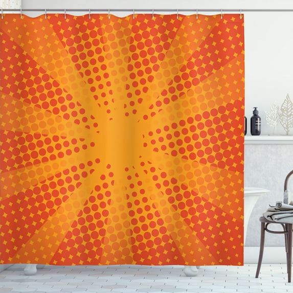 Ambesonne Sunburst Shower Curtain, Half Tone Dots Retro Rays, 69"Wx70"L, Vermilion and Marigold