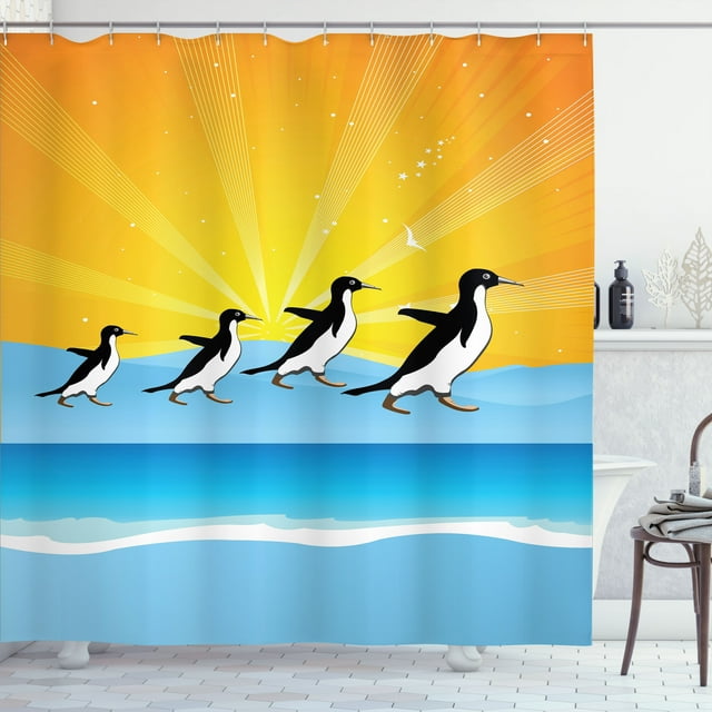 Ambesonne Sunburst Shower Curtain, Penguins Walking, 69"Wx84"L, Orange Blue