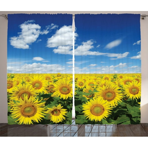 Ambesonne Sunflower Curtains 2 Panel Set, Fresh Field Country, 108" x 90", Blue Green Yellow