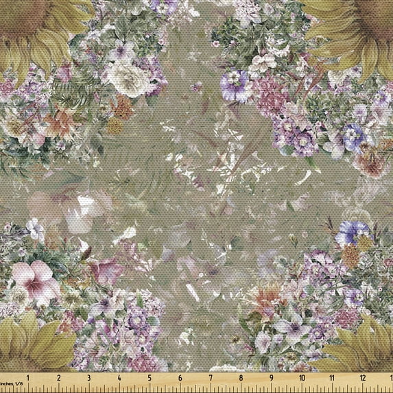 Ambesonne Sunflower Fabric by the Yard Upholstery, Blooming Flower Petal Art, 5 Yards, Slate Brown Fawn and Caramel