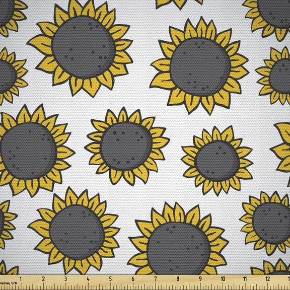 Ambesonne Sunflower Fabric by the Yard Upholstery, Simple Hand Drawn, 5 Yards, Grey Earth Yellow