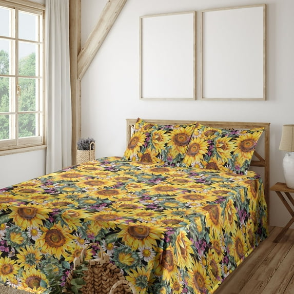 Ambesonne Sunflower Fitted & Flat Sheet with Sham 3 Pcs Set, Vintage Floral Summer Art, Twin, Mustard Purple and Sea Green