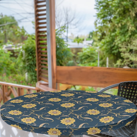 Ambesonne Sunflower Fitted Round Tablecloth, Helianthus Floral Petals, 36"- 40" Diameter, Dark Sky Blue Mustard