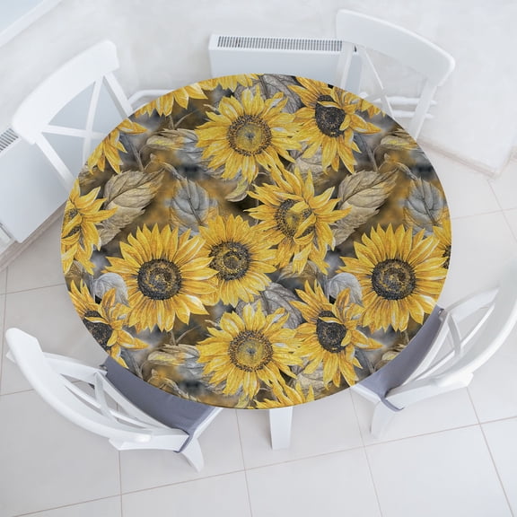 Ambesonne Sunflower Fitted Round Tablecloth, Vintage Botanical Floral, 40"- 44" Diameter, Earth Yellow and Grey