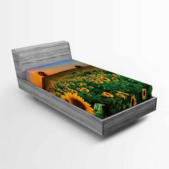 Ambesonne Sunflower Fitted Sheet 2 Pcs Set, Flower Field at Sunset, Twin, Multicolor