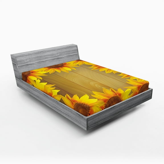 Ambesonne Sunflower Fitted Sheet 2 Pcs Set, Flower Frame Circle, California King, Brown Orange