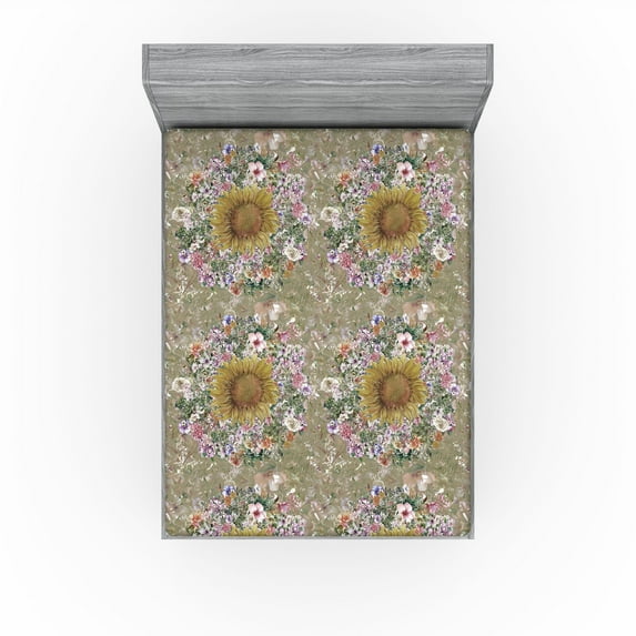 Ambesonne Sunflower Fitted Sheet, Blooming Flower Petal Art, Full Size, Slate Brown Fawn and Caramel